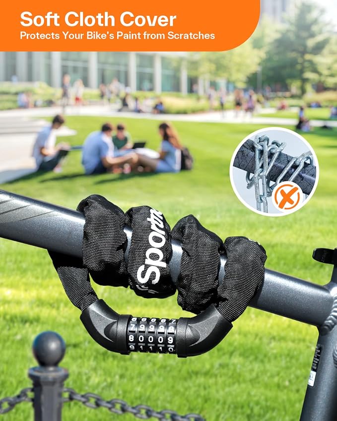 Sportneer Bike Lock: 5 Digit Combination High Security Anti Theft Bike Chain Lock - 3.2/3.6/4ft Heavy Duty Keyless Bicycle Lock for Bike, Motorcycle, Scooter, Door & Gate - 4/6mm Thick, Easy to Use