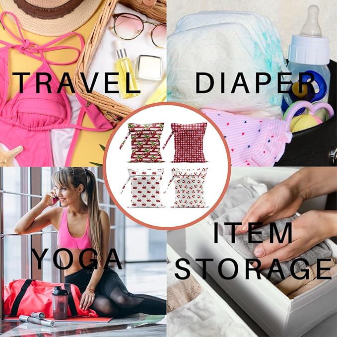 4 Pack Cute Stripes Checkered Cherry Wet Bag Waterproof Washable Reusable Wet Dry Bag for Swimsuit C Dirty Clothes Cloth Diaper Travel Beach Pool Yoga Gym Toiletries Travel Beach Essentials