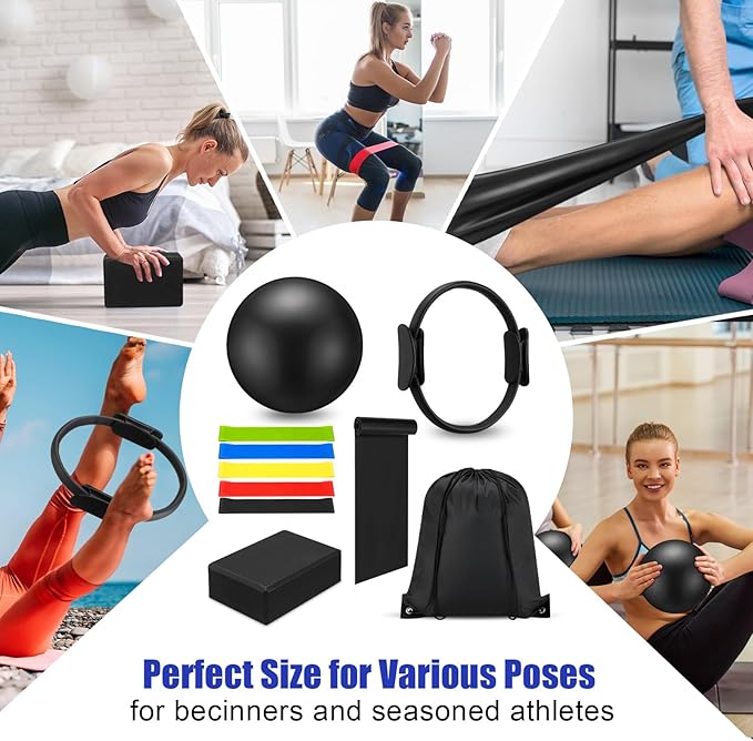 10 Pcs Pilates Ring Set for Women Home Yoga Equipment Accessories Pilates Ring Circle and Ball Workouts Gift Include Ball Yoga Circle Resistance Bands Block Straps Gym Bag