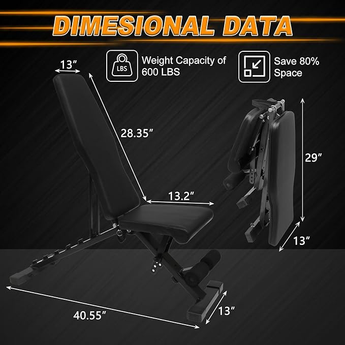 Adjustable Weight Bench Press, Foldable Workout Bench for Home Gym Dumbbell Exercise, Stable Incline Decline Bench for Full-Body Strength Training(600lbs)