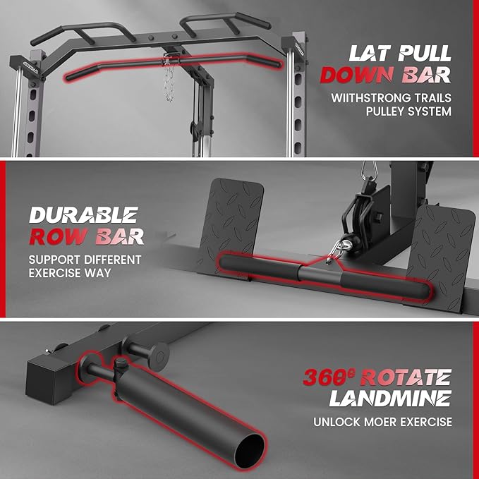Smith Machine with LAT-Pull Down, Multi-Functional Smith Machine, Power Cage with Cable Crossover, Squat Rack with Landmine, Barbell Bar, Plate Storage Pegs and More Training Attachment