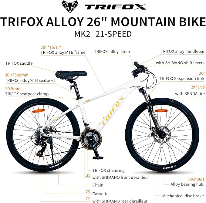 TRIFOX 26 Inch Aluminum Mountain Bike with Shimano 21 Speed,Aircraft-Grade Aluminum Frame,Front Suspension Fork,Dual Disc Brakes,15/17 Inch Internal Cable Routing Frame for Men Women Boys and Girls