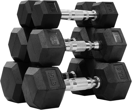 Rubber Encased Hex Dumbbell Set Contoured Handle for Muscle Toning, Strength Building & Full Body Workout, 60LB, 100LB and 150LB Set