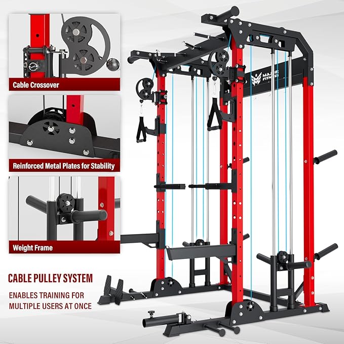 MAJOR FITNESS F22 Power Rack, 1600lbs All-in-One Squat Rack with Cable Crossover, Dual Pulley System, Heavy-Duty Steel Frame, Attachments & Storage for Home Gym Strength Training