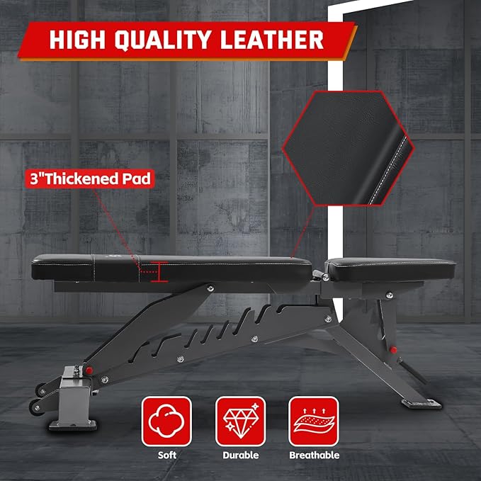 Adjustable Weight Bench with 1400LB Capacity for Home Gym,Heavy Duty Bench,Adjustable Foldable Decline Bench Press, Incline Flat Sit-Ups - Best Home Workout Equipment with Wheels,Black