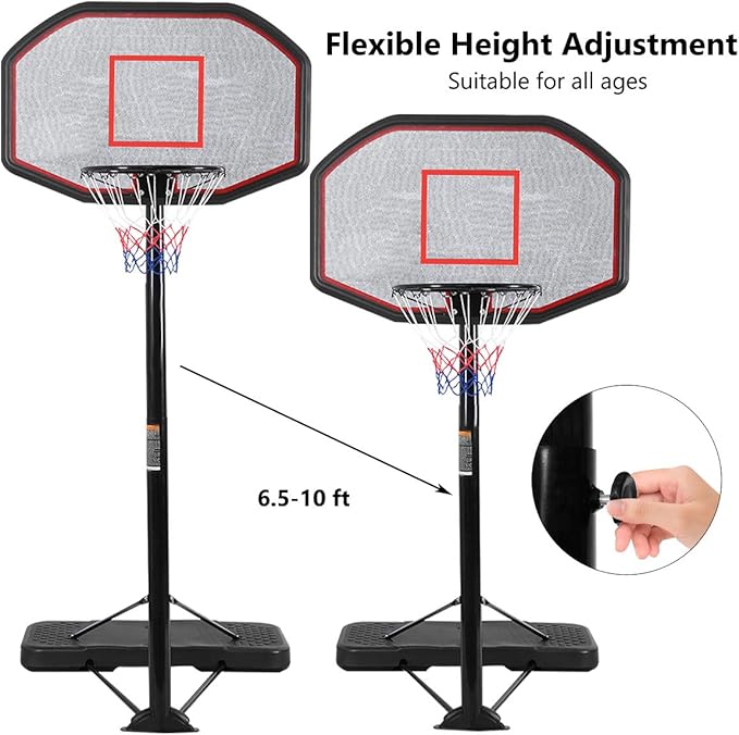 GYMAX Portable Basketball Hoop, 6.5-10FT Height Adjustable Basketball System with Wheels & 43" Backboard for Youth Kids Family Indoor/Outdoor