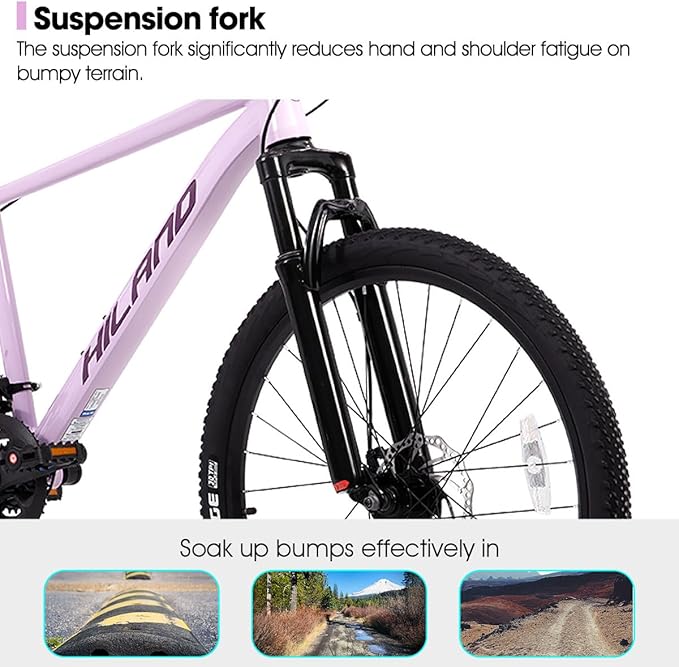 HILAND 26 Inch Mens and Womens Mountain Bike,21 Speed Mountain Bicycle with Dual Disc Brake, Front Suspension Fork, High Carbon Steel Frame Urban Commuter Bike for Adults