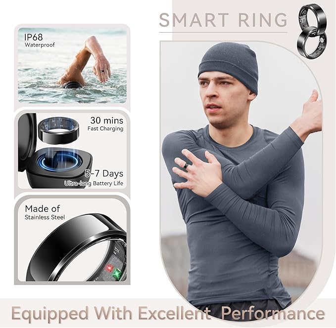 Health Smart Ring for Men Women, Fitness Tracker with Heart Rate/Blood Pressure/Blood Oxygen Monitor,Sleep Tracker,Pedometer, IP68 Waterproof Ring for iPhone&Android, No Subscription (Black, Size9)