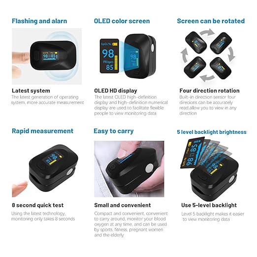 Oximeter, Pulse Oximeter, Oximeter with Alarm, Fingertip Pulse Oximeter, Portable SpO2 Pulse Rate Monitor, Oximetro Batteries and Lanyard (Black)