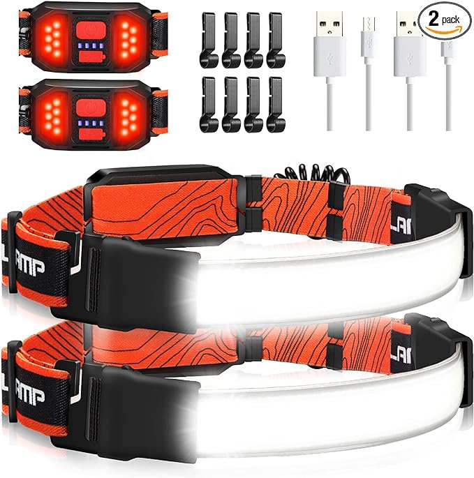 2 Packs Rechargeable Headlamp, 230°Wide-Angle 1000 Lumens Headlamp Flashlight with Red Taillight 3 Light Modes Lightweight LED Head Lamp Adjustable Waterproof Head Light for Running Cycling