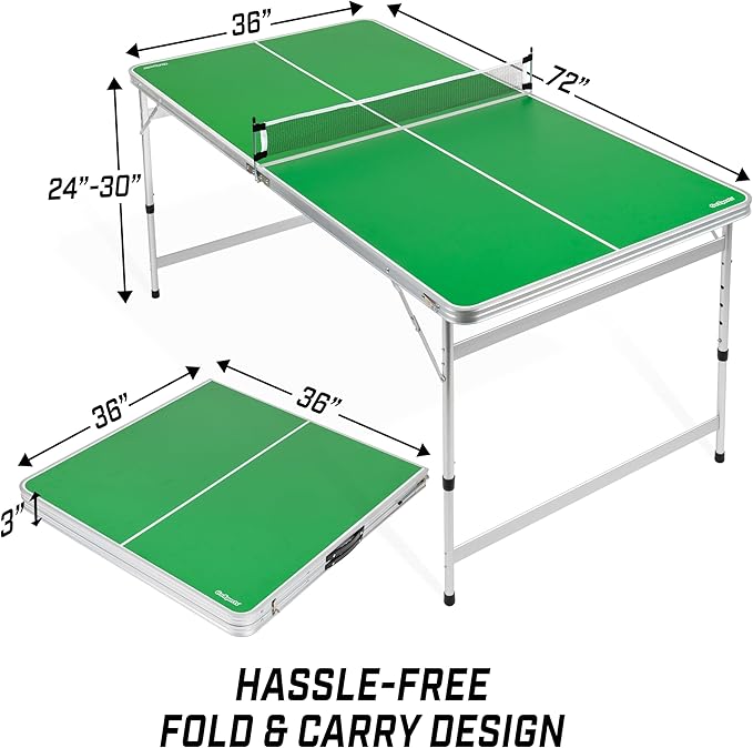 GoSports 6 x 3 ft Mid-Size Table Tennis Table Set with Adjustable Height - Green or Blue