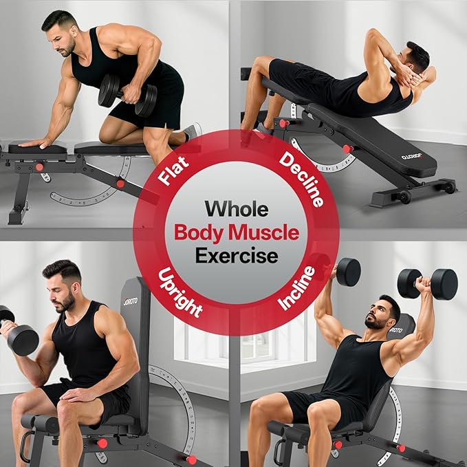 JOROTO MD65 Adjustable Weight Bench, 1700LB Heavy Duty Workout Bench for Home Gym, Flat Incline Decline Sit Up Utility Bench Press with 9 Backrest and 3 Seat Positions, Removable Leg Support and Wheels