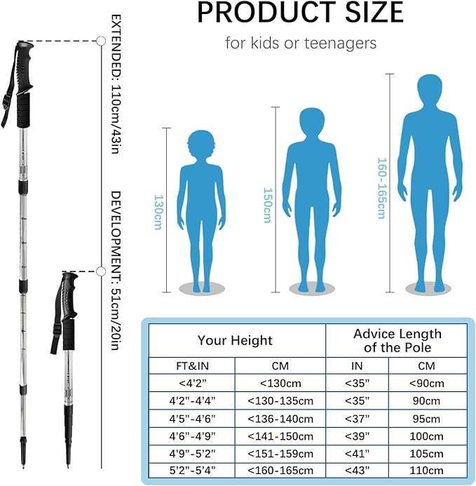 2 Pack Hiking Poles for Junior, Nordic Walking Trekking Pole Hiking Sticks Lightweight Collapsible & Shock-Absorbent Aluminum with Quick Adjustable Locks for Youth & Women