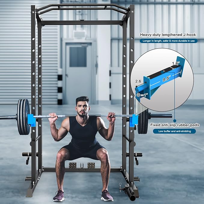 Power Cage, Multi-Functional Power Rack with J-Hooks, Dip Handles, Landmine Attachment and Optional Cable Pulley System for Home Gym