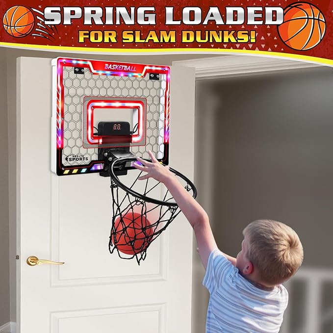 Mini Basketball Hoop Indoor with Scorer and Batteries, Indoor Basketball Hoop Over The Door with Colorful LED Lighting, Toy Basketball Set for Boys Girls Age 3 4 5 6 7 8