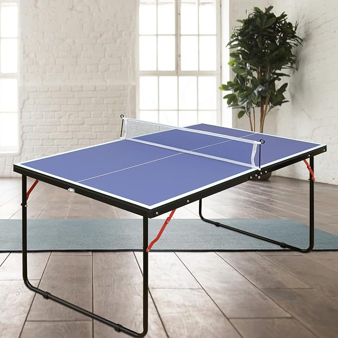 4FT/6FT/8FT/9FT Folding Rolling Table Tennis Table Regulation Ping Pong Table with 2 Paddles 3 Balls 1 Net and Post Set Fold-Up Design 4 Wheels for Easy Movement
