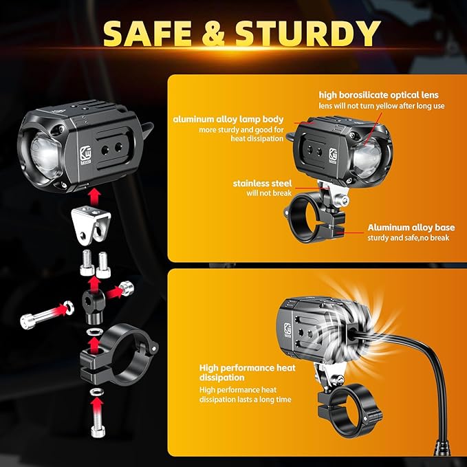 Kewig Motorcycle Auxiliary LED Light Kit Driving Spotlights White/Amber Fog Light with Mount Brackets Wire Harness Waterproof 60W Offroad Work Lights Compatible with Motorcycle J-eep Car Truck (Black)