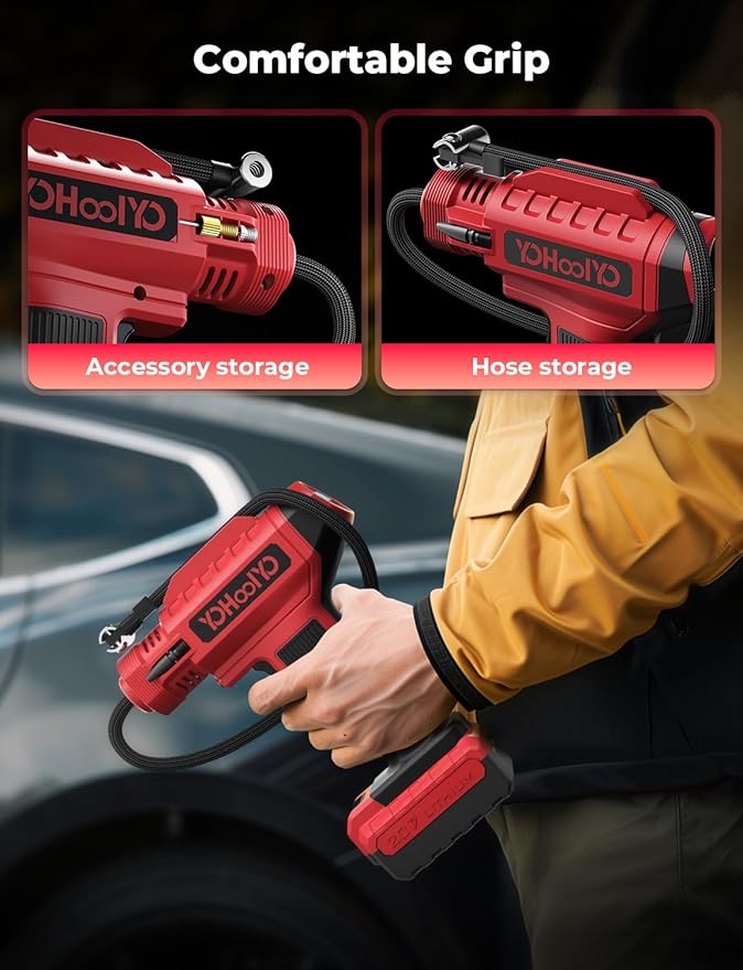 YOHOOLYO Tire Inflator Portable Air Compressor for Car 20V Cordless Tire Pump Rechargeable Battery Powered 12V DC Car Adapter Auto Stop Digital Pressure Gauge Motorcycle Bike 150PSI Red