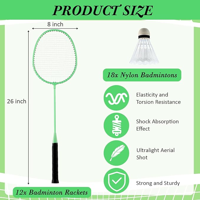 Wettarn 12 Pcs Badminton Rackets Bulk with 18 Nylon Badmintons, Shuttle Set for Adults Teenagers Youth Beginners Advanced Player Backyard Gym Beach Outdoor