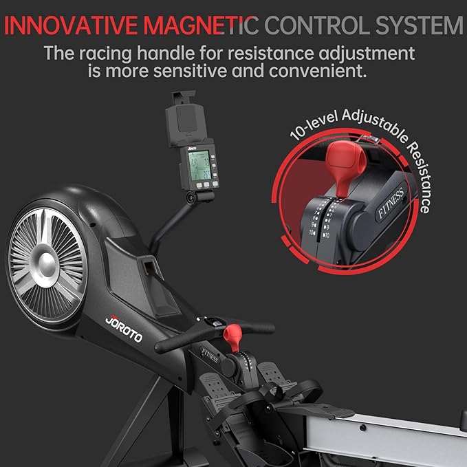 Rowing Machine for Home JOROTO Air Magnetic Rowing Machines for Home Foldable with 49.5" Rail, Backlit Monitor, Bluetooth, App Supported, Tablet Holder Rower Machine