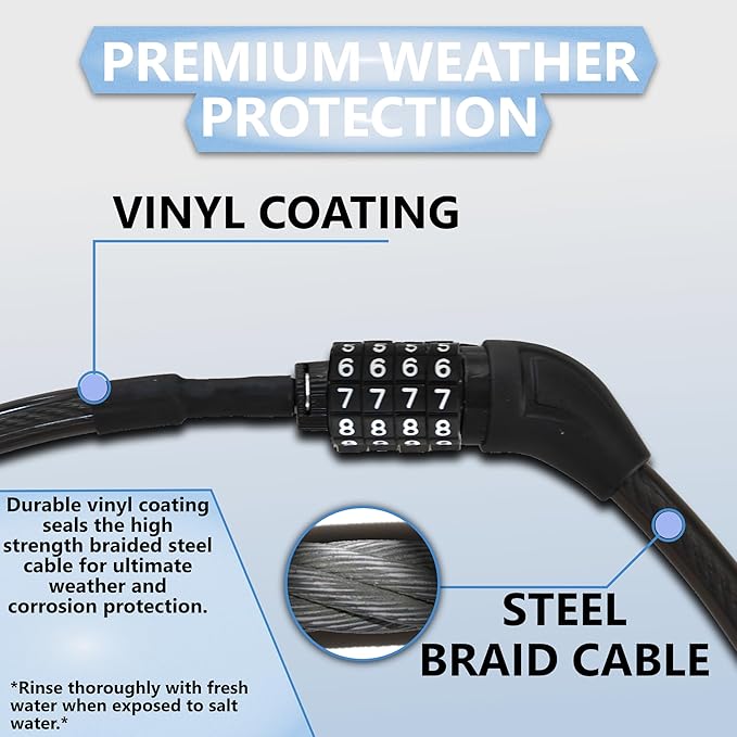 Lumintrail Long Coiled Bike Cable Lock 3/8 Inch (4, 6, 10, 15, 30ft), Weatherproof Locks for Kayak, Bike, Scooter, Paddleboard, Outdoor Equipment, Resettable Combination Lock Anti Theft Protection