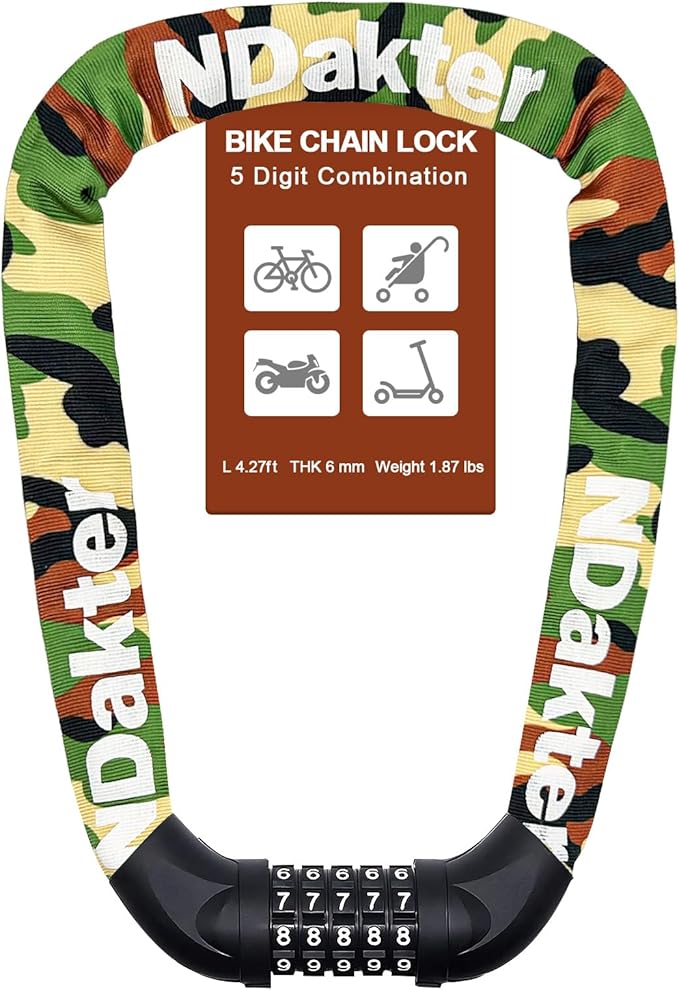 NDakter Bike Chain Lock, 5 Digit Combination Heavy Duty Anti Theft Bicycle Chain Lock,2.62/3.2/4.27/5/6Ft Long Security Resettable Bike Locks for Bike, Bicycle, Scooter, Door, Gate, Fence-4/6mm Thick