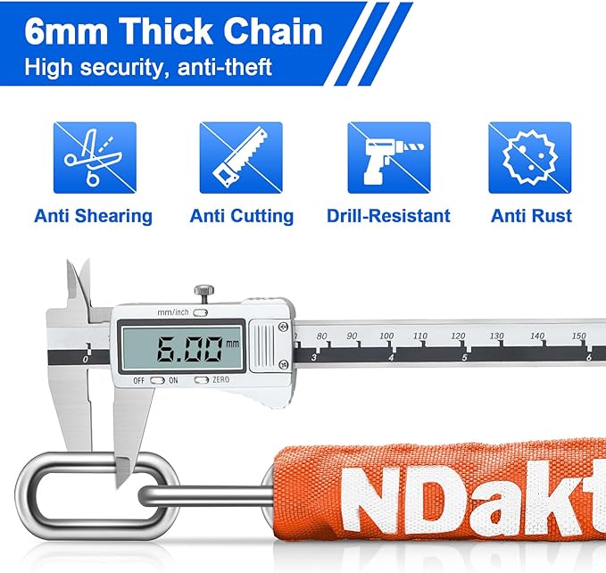 NDakter Bike Chain Lock, 5 Digit Combination Heavy Duty Anti Theft Bicycle Chain Lock,2.62/3.2/4.27/5/6Ft Long Security Resettable Bike Locks for Bike, Bicycle, Scooter, Door, Gate, Fence-4/6mm Thick