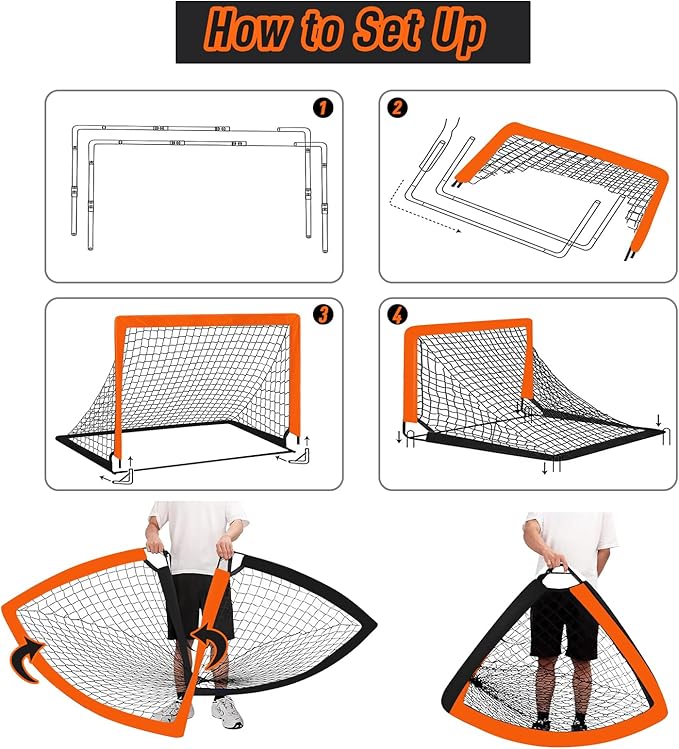 Soccer Goals for Backyard Set, 2 of 4×3 ft Orange Portable Soccer Goal Training Equipment for Games and Training for Backyard for Teens, Comes with Inflator, Soccer Ball, Football Cone