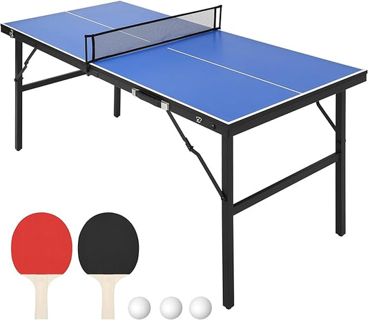Table Tennis Game Set, Portable Table Tennis Game with Demountable Nylon Net, 2 Paddles and 3 Balls, Ping Pong Table for Indoor Outdoor, Waterproof Tabletop, Blue, 60 x 26 x 27.5inch