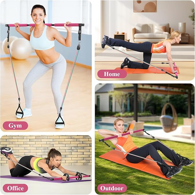 Pilates Bar Kit with Resistance Bands,Pilates Kit with Ab Roller Multifunctional Pilates Bar Pilates Stretch Fusion Bar Pilates Equipment for Home Workouts Women and Men