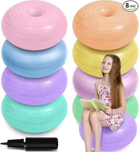 Lewtemi 8 Pcs Flexible Seating for Classroom Elementary 20'' Yoga Ball Chair Large Inflatable Donut Exercise Ball Chair Wobble Seat with Inflator for Kids Student Balance