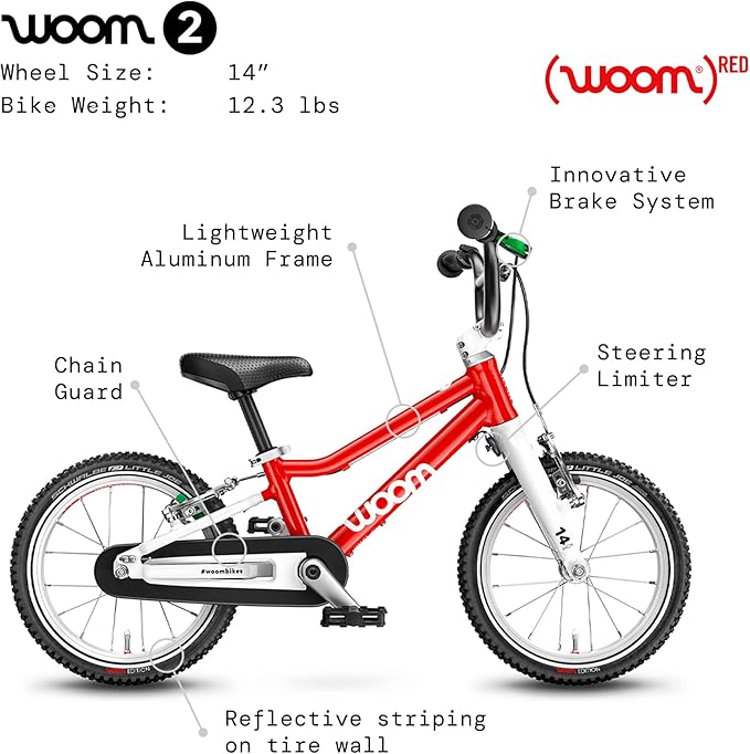 woom 2 Children’s Bicycle for Kids 3-4.5 Years Old, 14-Inch Wheels, Lightweight Bike with Handbrake & Chain Guard, Boys & Girls - Red
