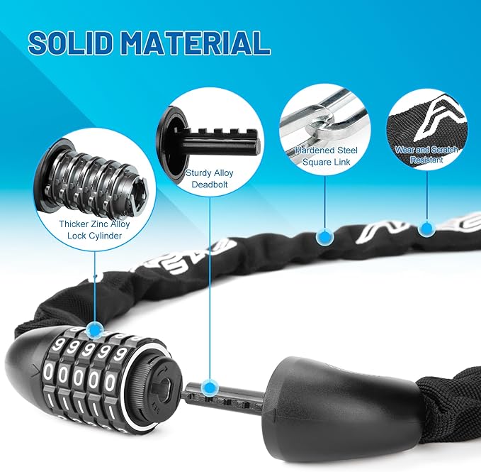 Heavy Duty Bike Chain Lock – 5 Digit Combination Anti-Theft Bicycle Lock, 3FT/4FT/5FT Hardened Steel Square Links for E-Bike, Motorcycle, Scooter, Gate