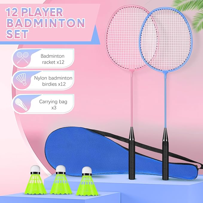12 Pack Badminton Rackets Set Including Rackets, Nylon Shuttlecocks and Carry Bag for Outdoor Backyard Games Beginners