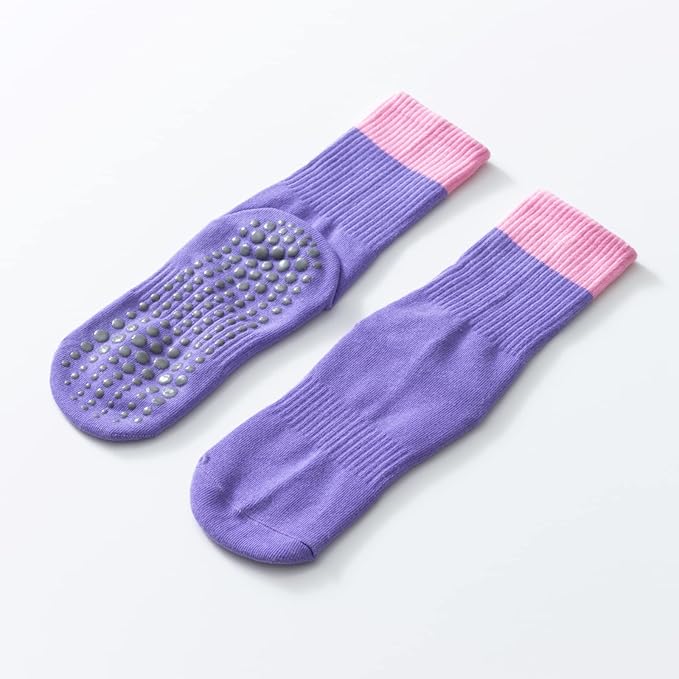 Yoga Pilates Socks with Grips for Women Non Slip Color Blocking Cushioned Crew Socks for Barre Ballet Dance