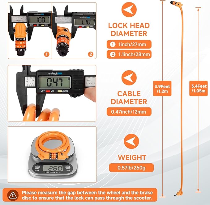 Bike Lock, 3.9 Feet 4-Digit Resettable Combination Password Anti-Theft Cable Lock, Cute Coiled Bike Lock with Mounting Bracket, Suitable for Bicycles, Electric Scooters, Ebikes (Orange-12mm)