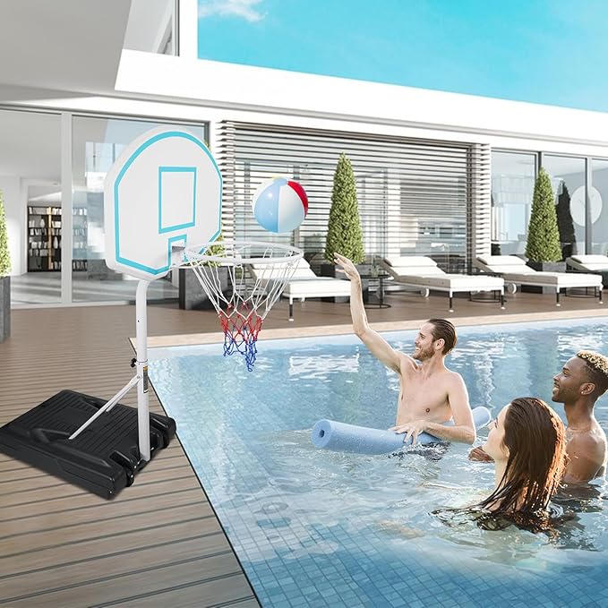 Pool Basketball Hoop, Adjustable Poolside Basketball Hoop with Wheels, Outdoor Height Adjustable Swimming Pool Basketball Goal Set, Perfect for Swimming Pool & Home Play