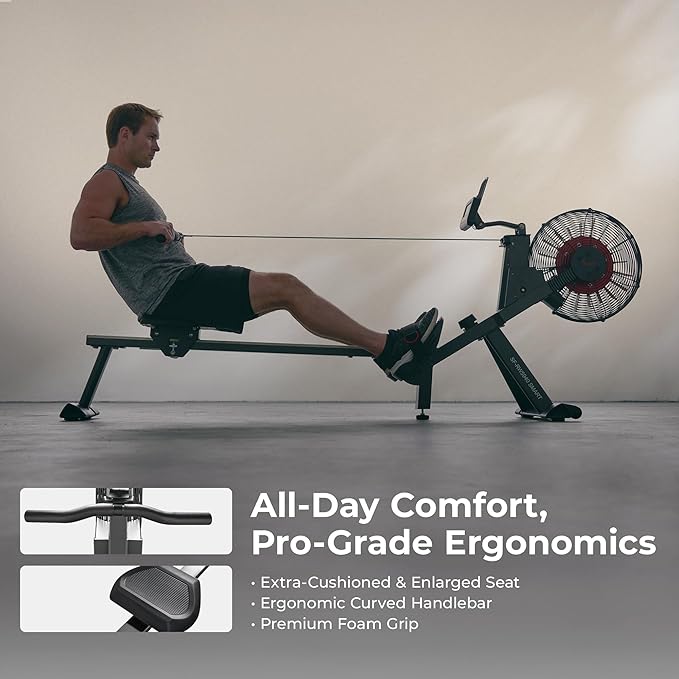 Sunny Health & Fitness Premium Smart Air & Magnetic Resistance Rowing Machine, Foldable Long Silding Rail Exercise Rower for Home Training, Free SunnyFit App Connection