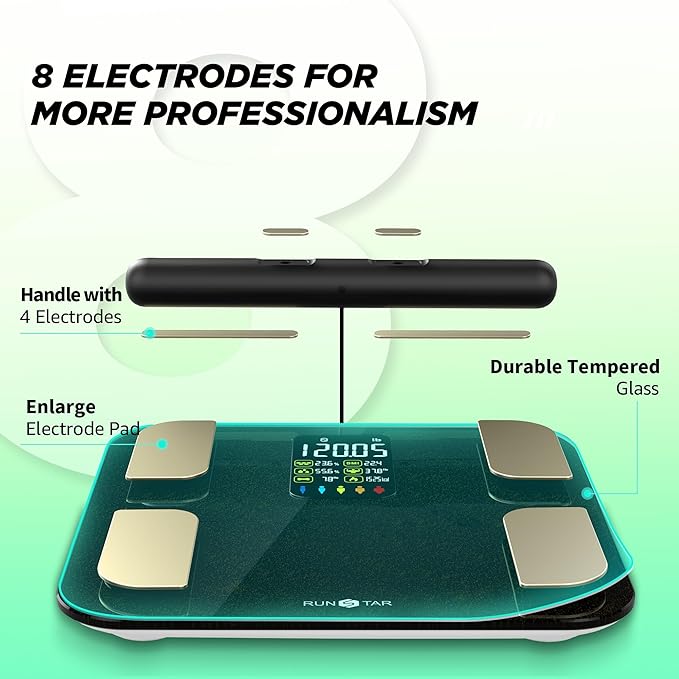Scale for Body Weight, RunSTAR 8 Electrodes High Accurate Rechargeable Composition Analyzer with BMR Index Body Fat Digital Scale Composition Muscle & Fat Measurement Large Display 400lb