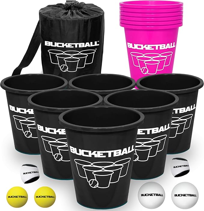 BucketBall | Team Color Edition | Combo Pack (Black/Pink): Original Yard Pong Game: Best Camping, Beach, Lawn, Outdoor, Family, Adult, Tailgate, Jumbo, Giant Game