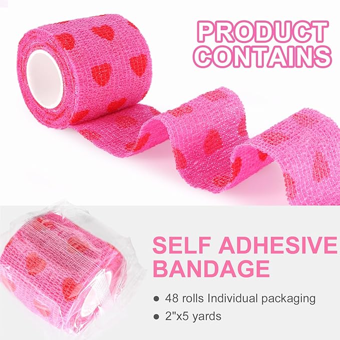 48 Pack Self Adhesive Bandage Wrap, 2” x 5 Yards Cohesive Medical Tape Elastic Grip Tape Black Sports Tape Athletic for Ankle, Wrist Sprains, Pet First Aid (Pink-Heart)