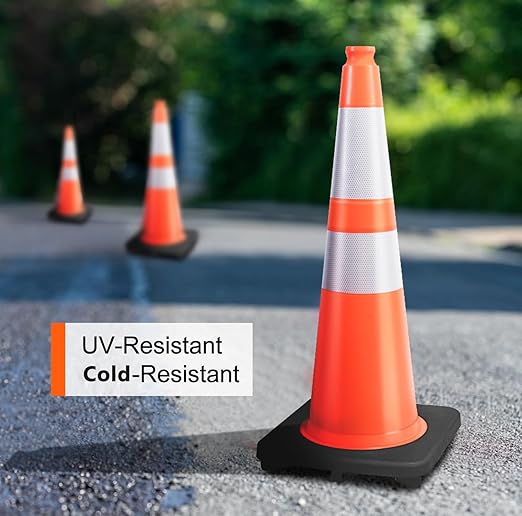 (8 Cones) BESEA 28” inch Orange PVC Traffic Cones, Black Base Construction Safety Cones Road Parking Cone Structurally Stable Wearproof (28" Height)