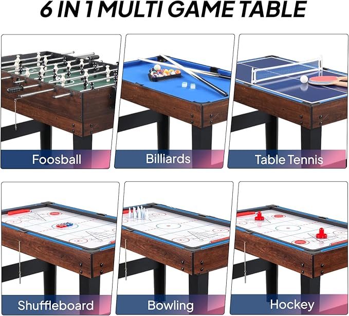 PEXMOR 6-in-1 Multi Game Table for Adults, Combo Table for Game Room, 48" Game Table Set for Family w/Hockey, Foosball, Pool, Table Tennis, Shuffleboard, Bowling