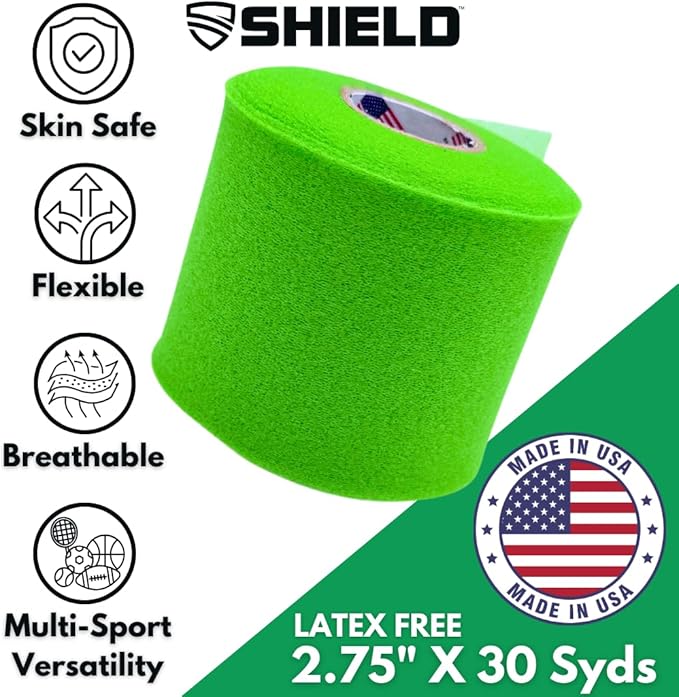 Shield Athletic Underwrap | Bulk Case of 48 Rolls of PreWrap, Hair Tie, Headband, Patellar Support, Pre-Wrap Athletic Tape, 2.75" X 30 SYards, Foam Barrier, Flexible, Breathable (Lime Green)