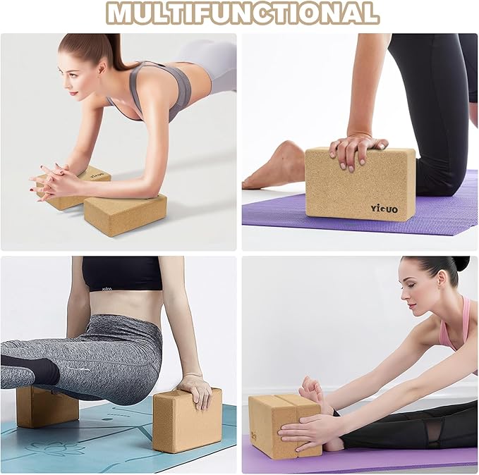 YIGUO Cork Yoga Blocks with Strap, 2 Pack Natural Yoga Block, Eco-friendly yoga blocks, High Density Non-Slip Yoga Accessories for Women, Ideal for Yoga, Pilates and Stretching, 9"x6"x3"