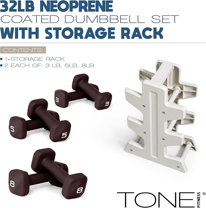 Tone Fitness Neoprene Dumbbell Set with Storage Rack – Non-Slip, Anti-Roll Hand Weights for Home Gym Workouts | 20 lb, 32 lb, & 50 lb Options