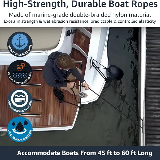 2 Pack 3/4" x 15' Dock Lines - Marine Grade Nylon Boat Rope with 15" Loop for Docking and Mooring - Double Braided Boat Lines, High Strength, Easy Handling, Fray Resistant - Black