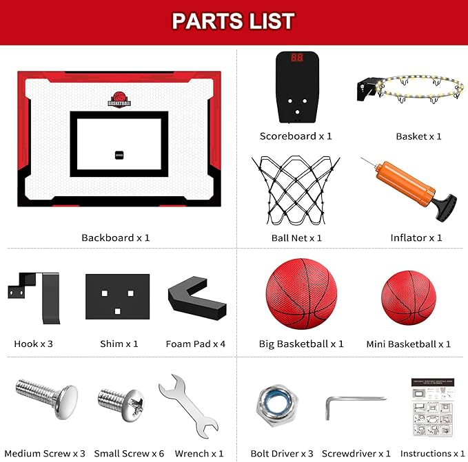 24" x 16" Large Basketball Hoop Indoor for Adults, Over The Door Basketball Hoop with Electronic Scoreboard/LED Rim, Big Basketball Toys Gifts Ideas for Man Kids Teens Boys Girls, Red