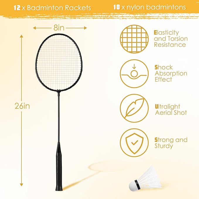 Wettarn 12 Pcs Badminton Rackets Bulk with 18 Nylon Badmintons, Shuttle Set for Adults Teenagers Youth Beginners Advanced Player Backyard Gym Beach Outdoor