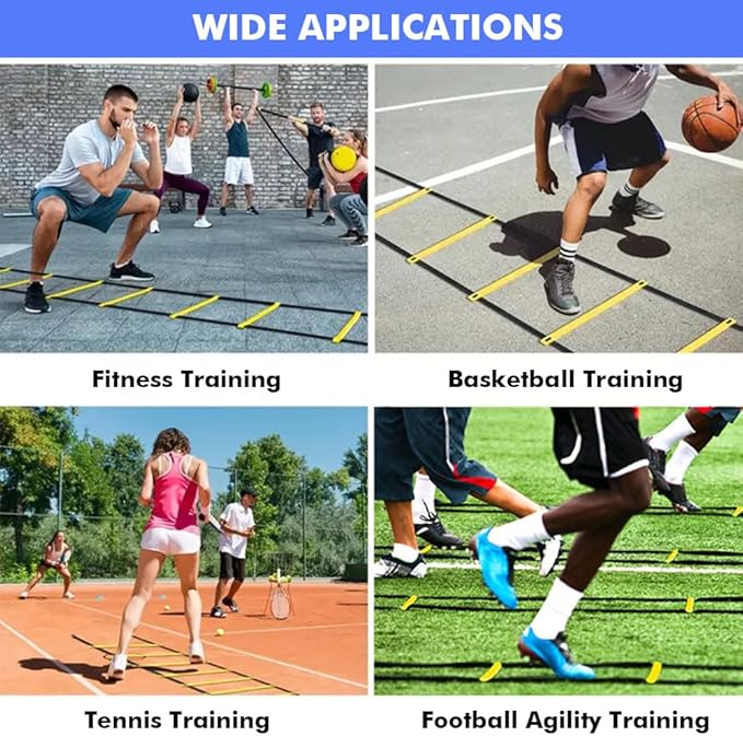 Agility Ladder Speed Training Equipment Set 20ft Agility Ladder, 4 Steel Stakes, 12 Soccer Cones, Running Parachute and Carry Bag, Speed Training Equipment for Soccer Football Basketball